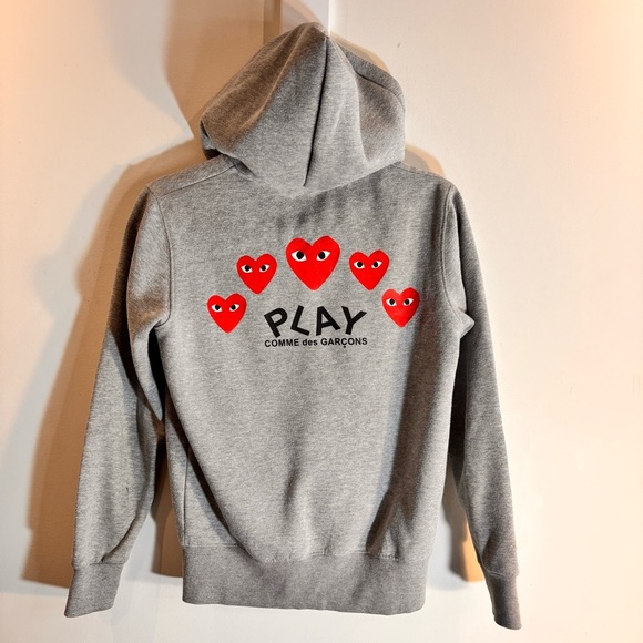 COMME DES GARCONS PLAY Sz S Hoodie with Heart Patch and Decals at Back Zipper - Picture 6 of 12